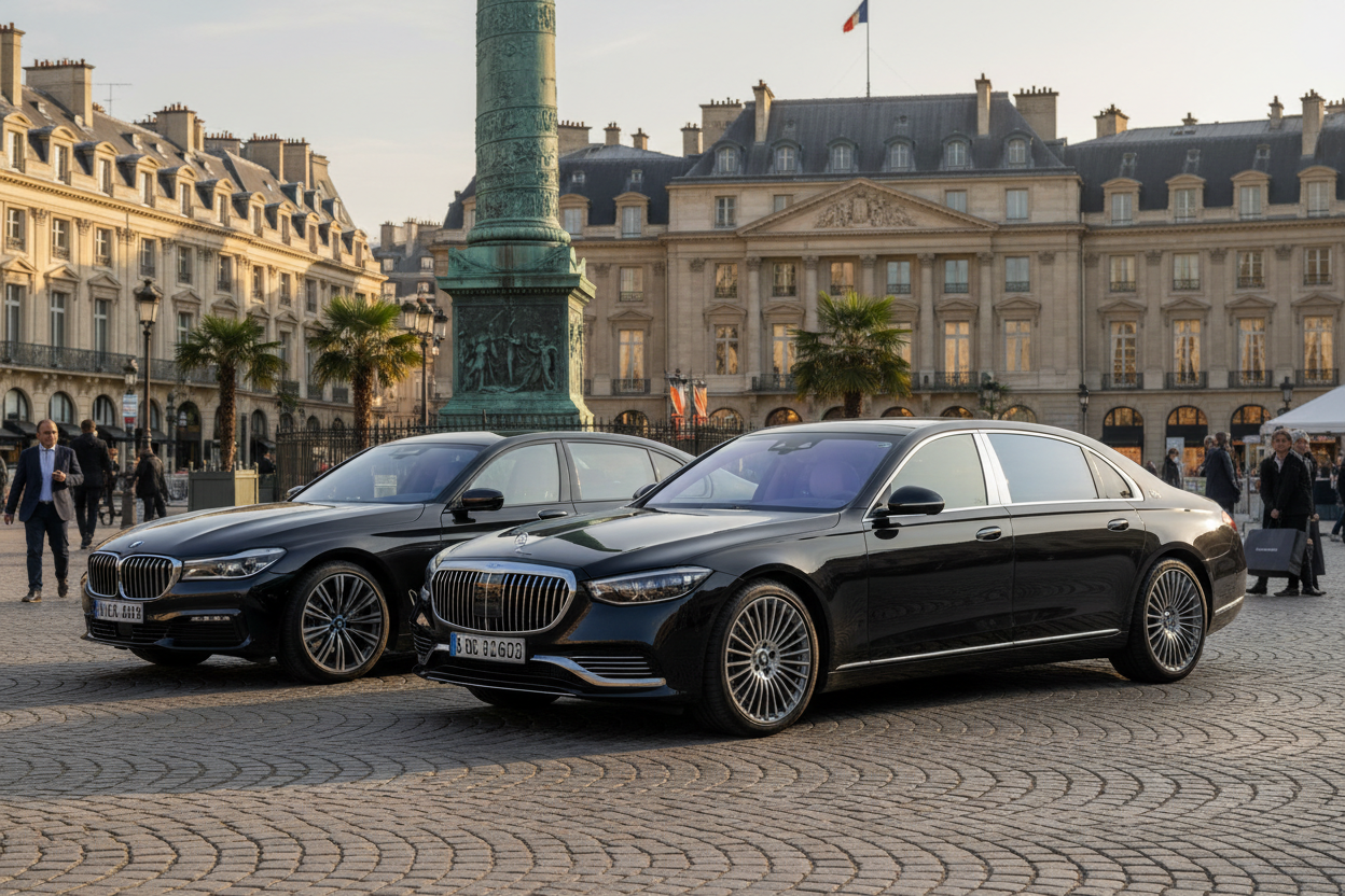 Deux berlines de luxe noires stationnées sur la place Vendôme à Paris devant la colonne Vendôme.