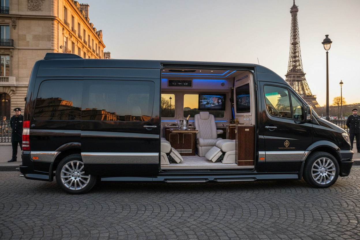 Un van noir de luxe avec porte latérale ouverte révélant un intérieur aménagé avec des sièges en cuir, stationné devant la tour Eiffel à Paris.
