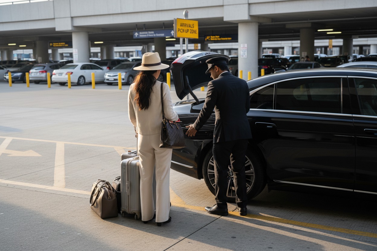 Un chauffeur en uniforme aide une passagère élégante à charger ses bagages dans le coffre d'une voiture noire devant une zone de dépose aéroportuaire.