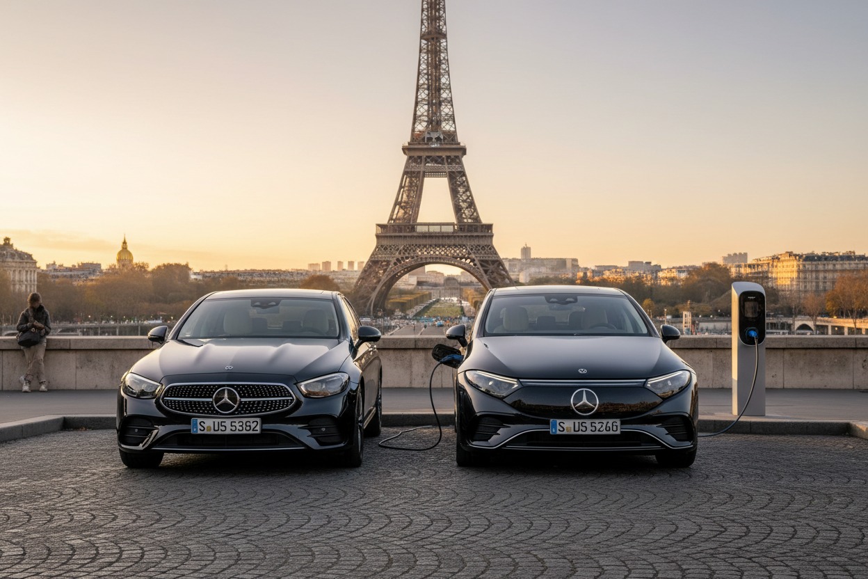 Deux voitures Mercedes-Benz garées devant la tour Eiffel au coucher du soleil, dont l'une est branchée à une borne de recharge.