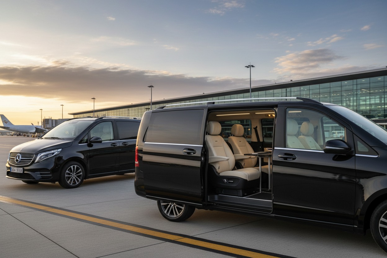 Deux vans Mercedes-Benz noirs sont stationnés sur le tarmac d'un aéroport avec la porte latérale ouverte révélant un intérieur en cuir beige.