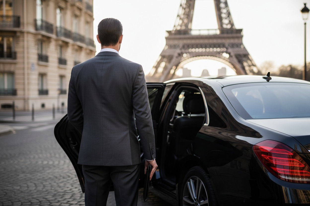 Un chauffeur en costume attend à côté d'une voiture noire devant la tour Eiffel à Paris.