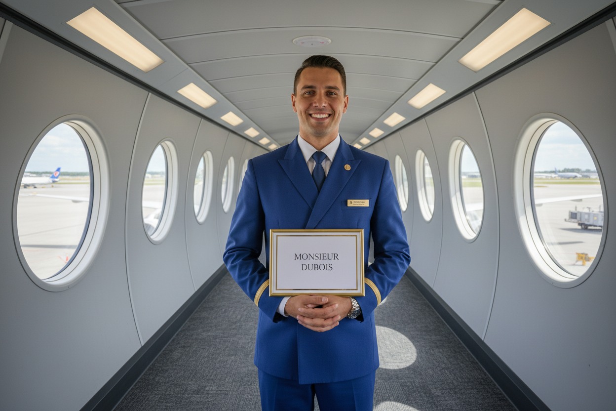 Un steward en uniforme bleu sourit en tenant un panneau portant l'inscription « Monsieur Dubois » dans une passerelle d'embarquement d'aéroport.