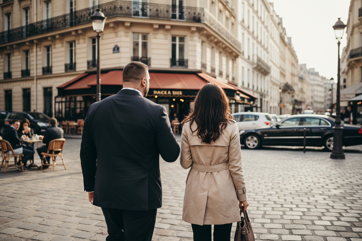 Un garde du corps en costume et une femme en trench-coat marchent sur une rue pavée devant un café parisien.